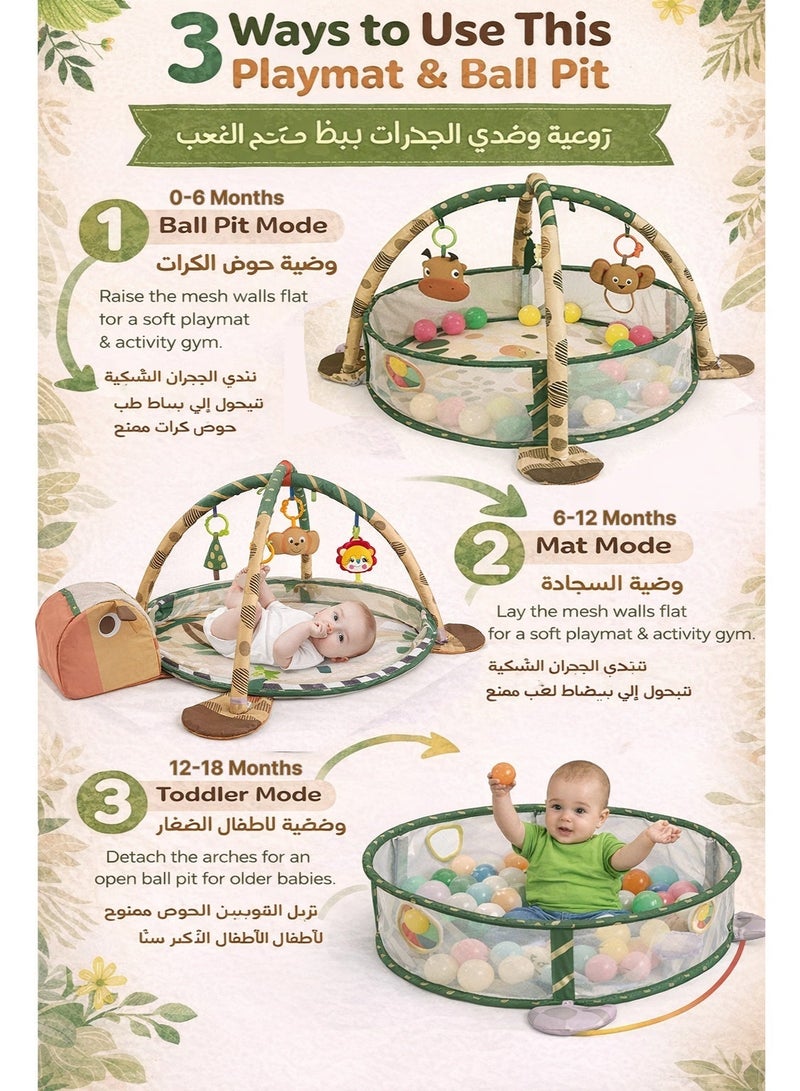 3-in-1 Baby Play Gym Mat with Ball Pit & Mesh Playpen, Tummy Time Activity Play Mat for Infants, Detachable Hanging Toys, Indoor Safe Play Area, Includes 30 Colorful Balls - Image 2